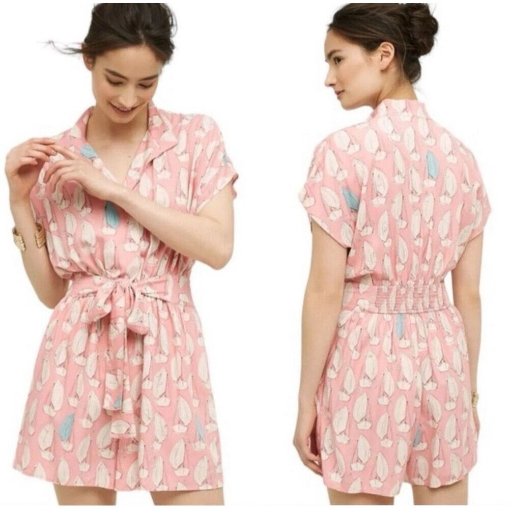 Anthropologie x Maeve Tourista Sailboat Romper Pink Size 4 Nautical Short Sleeve